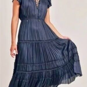 Reset Kianna Ruffle Pleated Midi Dress Navy Blue Ruffle Accent M JD729